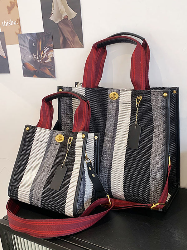 Striped Print Canvas Tote Shoulder Bags