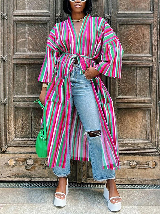 Stripe Belted Pocket Cardigan