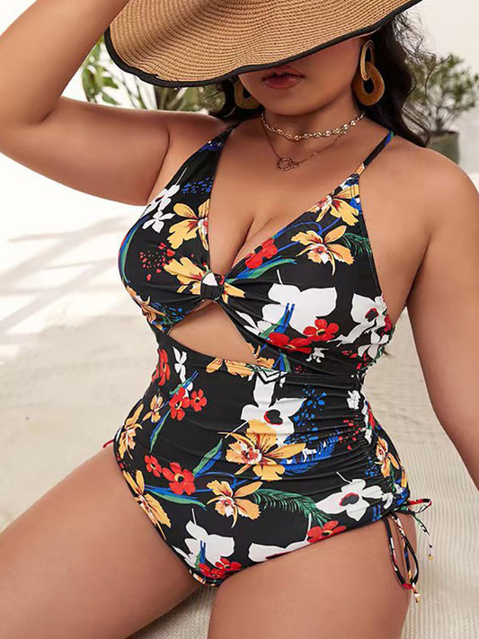 Plus Size Floral Print Backless Swimsuit
