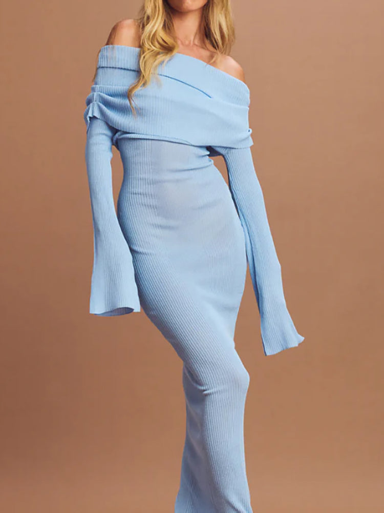 off shoulder rib knit dress Ribbed Maxi Andie Swim SKIMS Long Sleeve Slip Size:X-Small (Women) Shoulder Neck With Flared