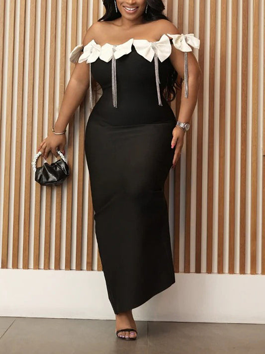 Sleeveless Bowknot Crystal Chain Slit Maxi Dress