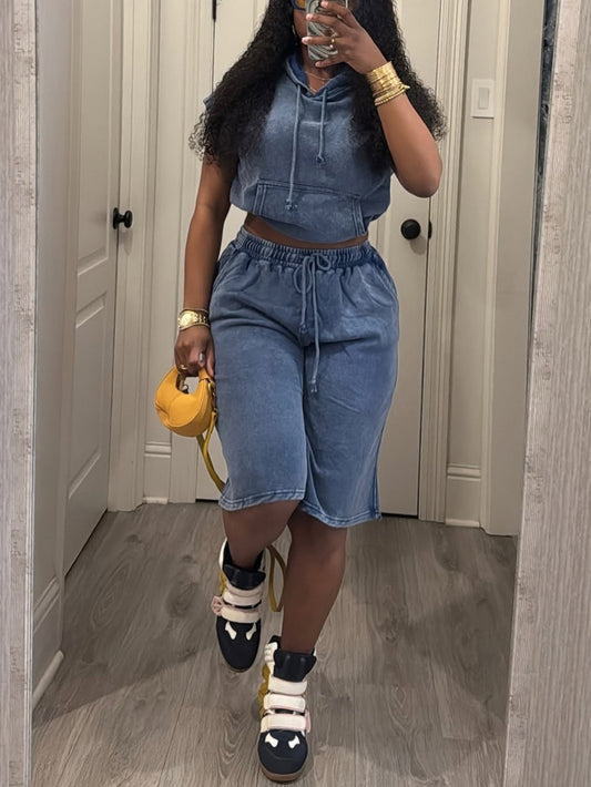Sleeveless Hoodie Elastic Waist Shorts Set