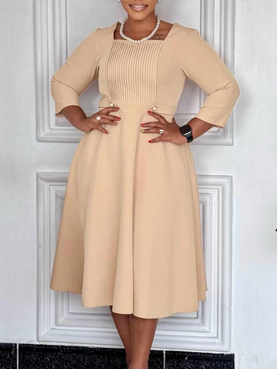 Elegant Plus Size Square Neck Pleated Dress | Office Formal Events   SALEDRESS