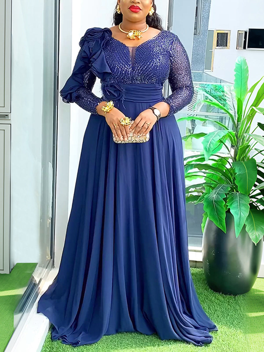 Plus Size Sequin Chiffon Floral Maxi Dress