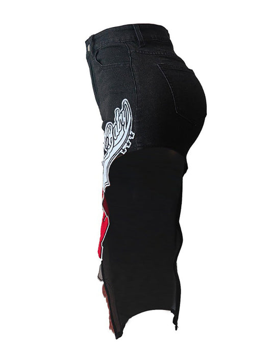 Graffiti Patchwork High Slit Denim Midi Skirt