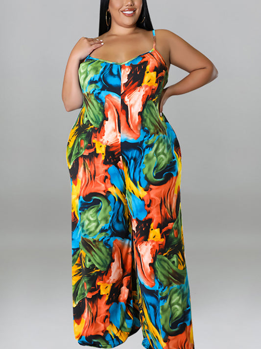 Plus Size Floral Print Strap Jumpsuit with Belt