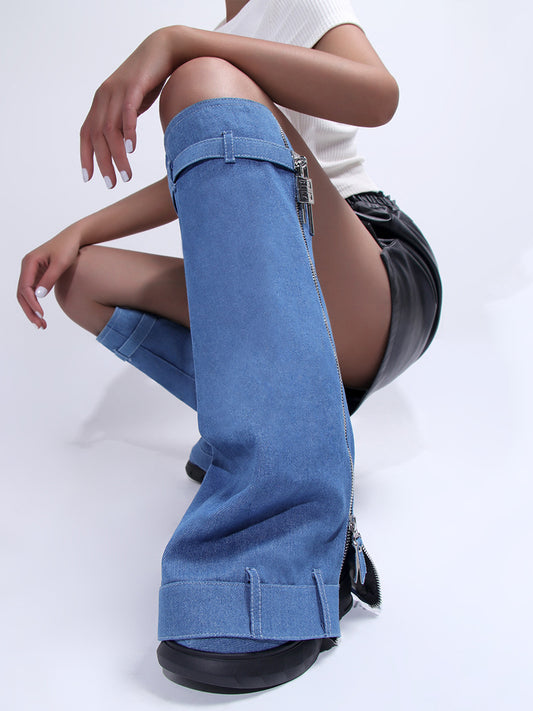 Western Platform Wedge Denim Boots