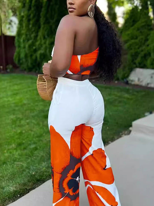 Two Piece One-Shoulder Floral Print Pants Set