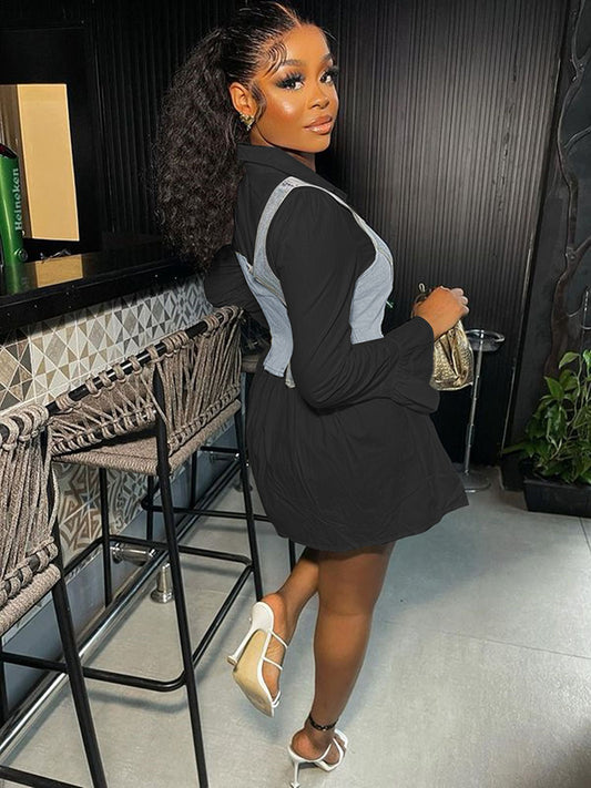 Conjunto de minivestido camisero con mangas acampanadas y chaleco vaquero