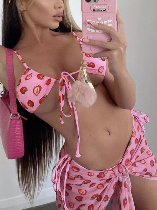 Conjunto de bikini de malla con cordón de tres piezas