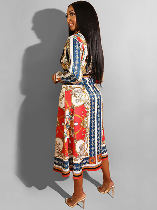 Long Sleeves Totem Pattern Belted Midi Dress