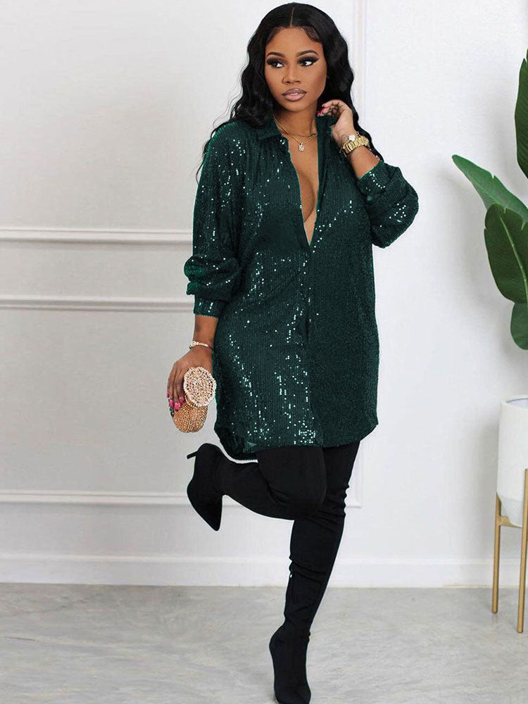 Minivestido camisero de manga larga con lentejuelas brillantes