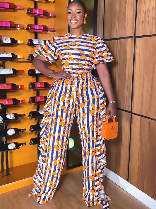 Short Sleeve Striped Print Ruffle Jumpsuit