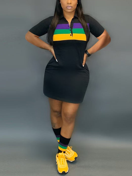 Digital Print Short Sleeve Shirt Collar Mini Dress