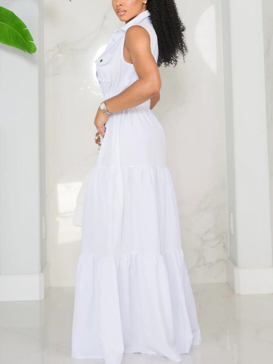 Sleeveless Collared Button Front Flowy Dress