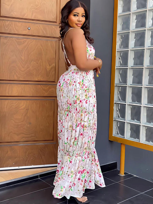 Spaghetti Strap Floral Print Backless Maxi Dress