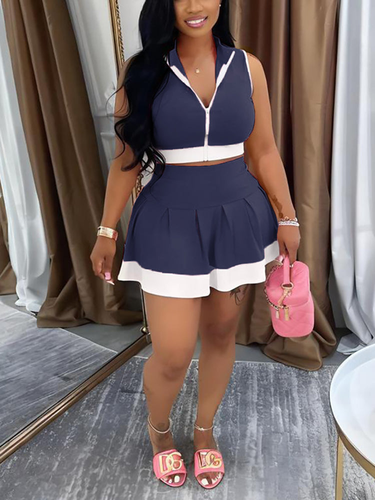 Sleeveless Zip-Up Crop Top Pleated Skirt Set