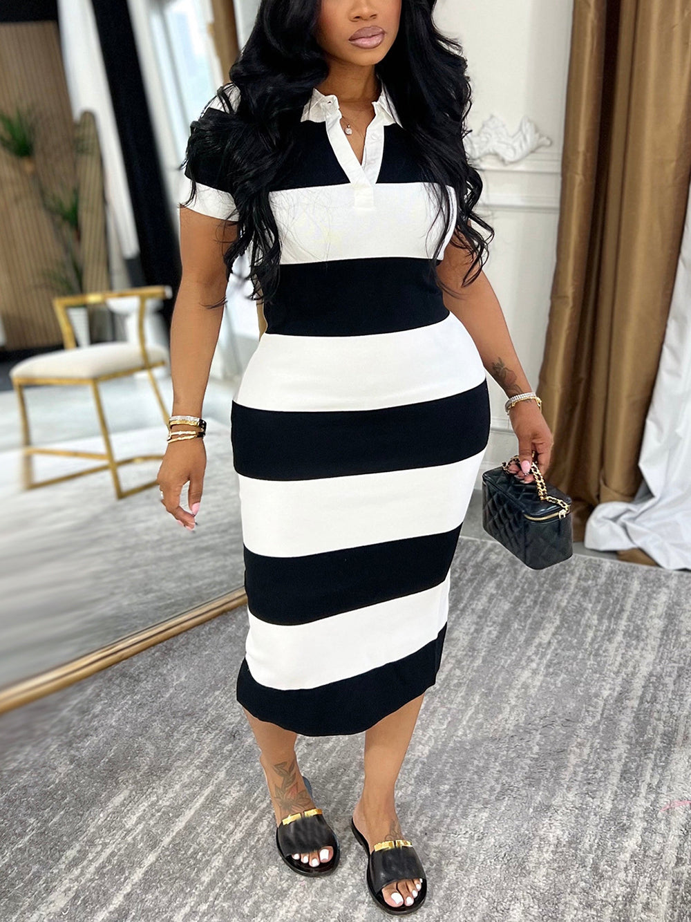 Lapel Stripe Color Block Midi Dress