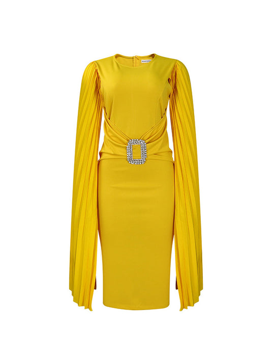 Pleated Cape Sleeve Midi Dress