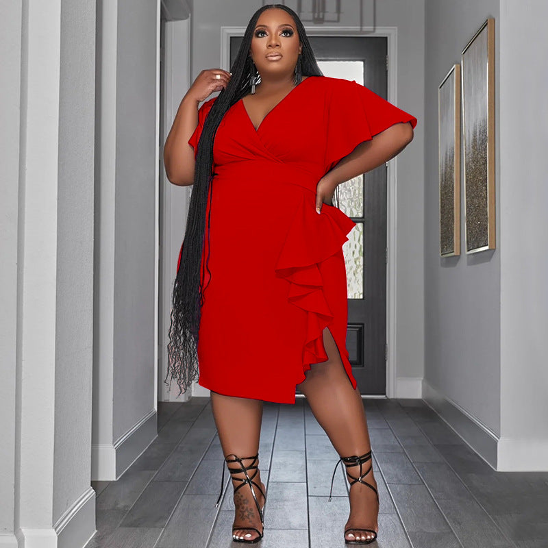 Short Sleeve V Neck Ruffle Midi Dress