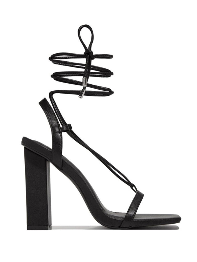 Solid Color Lace-Up Heeled Sandals