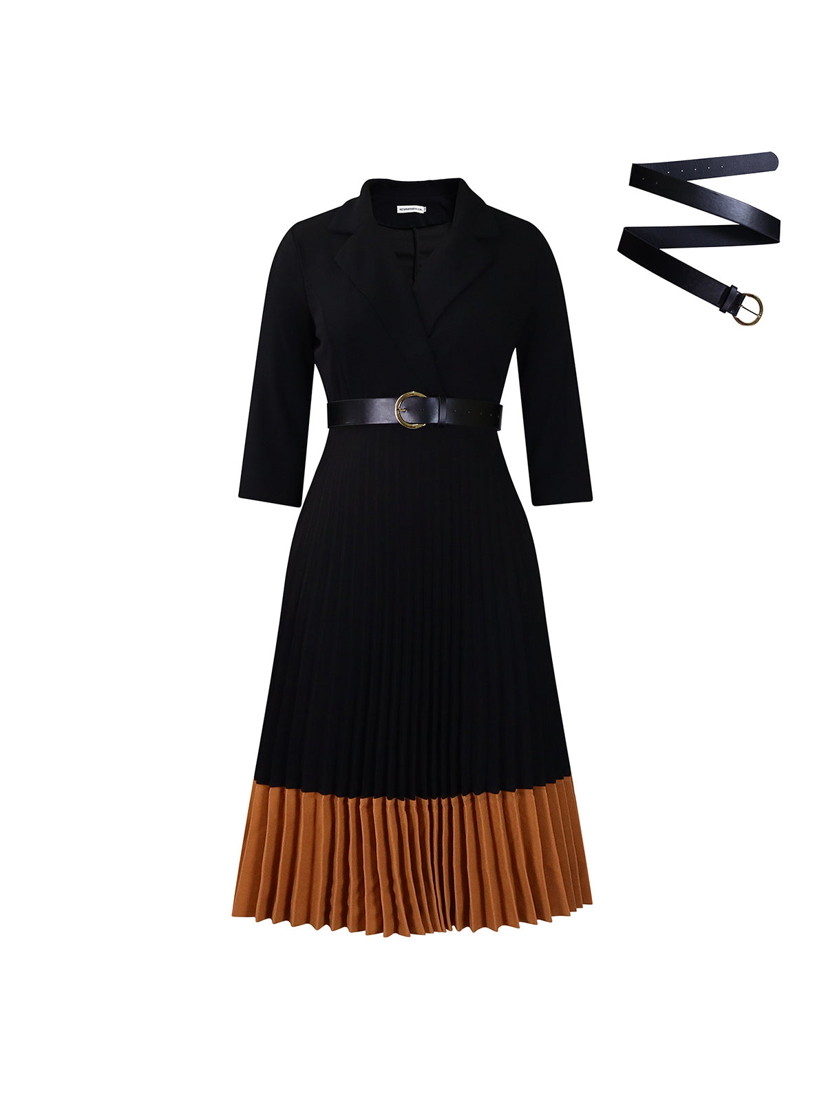 Belted Color-Block Pleated Blazer Midi Dress