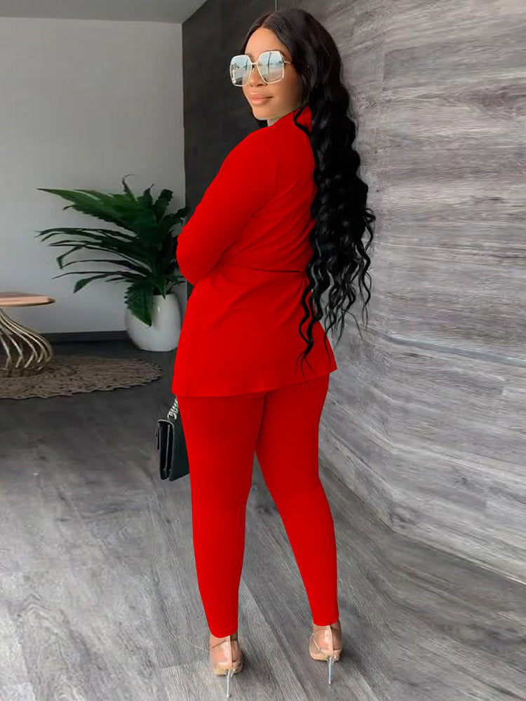 Blazer de dos piezas con cordón y pantalones largos ajustados