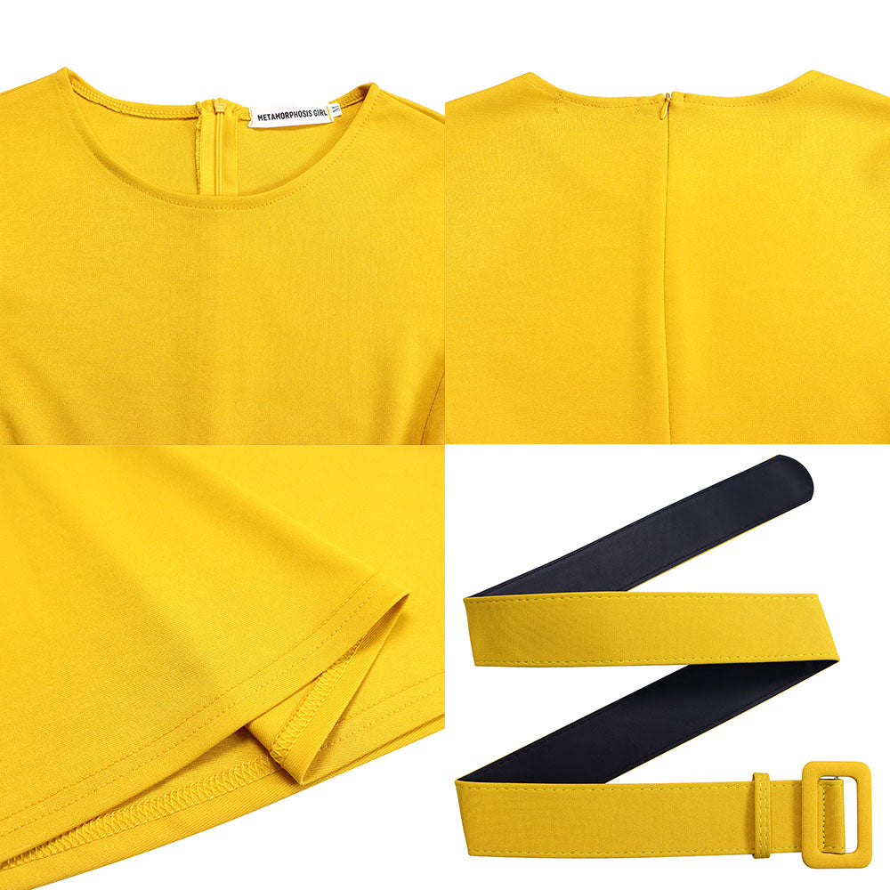 Vestido midi fruncido con cuello redondo y manga larga