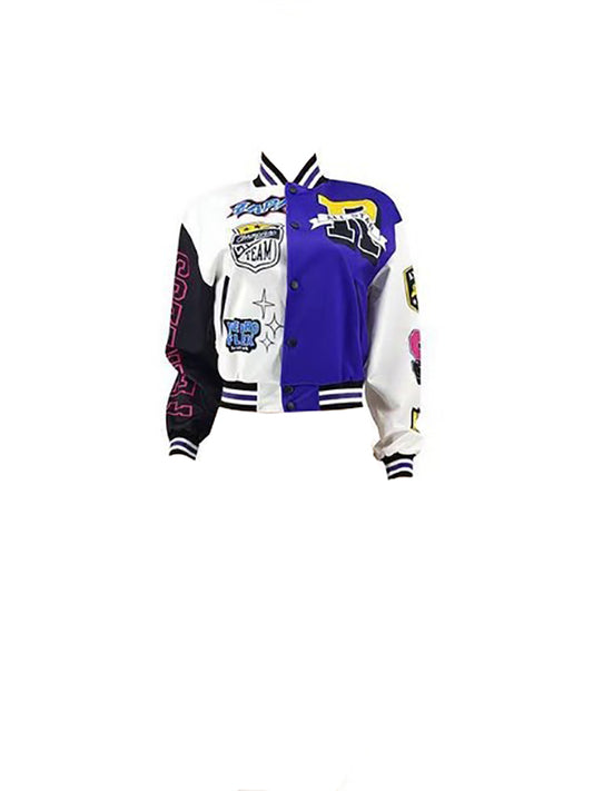 Colorblock Letter Print Baseball Jacket