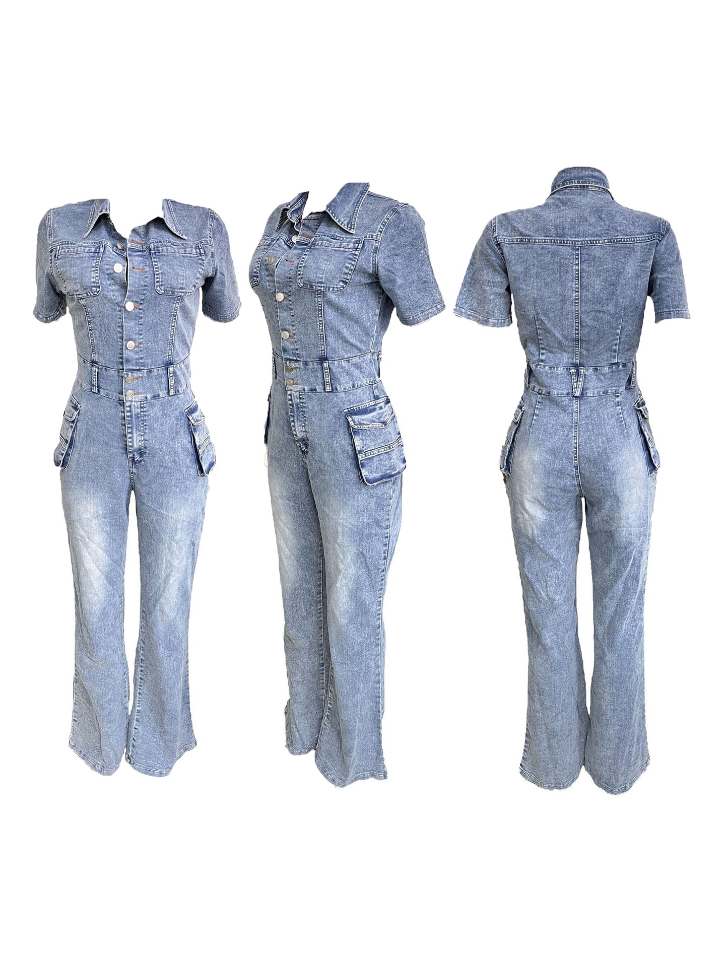 Short Sleeve Button Multi-Pocket Denim Jumpsuit