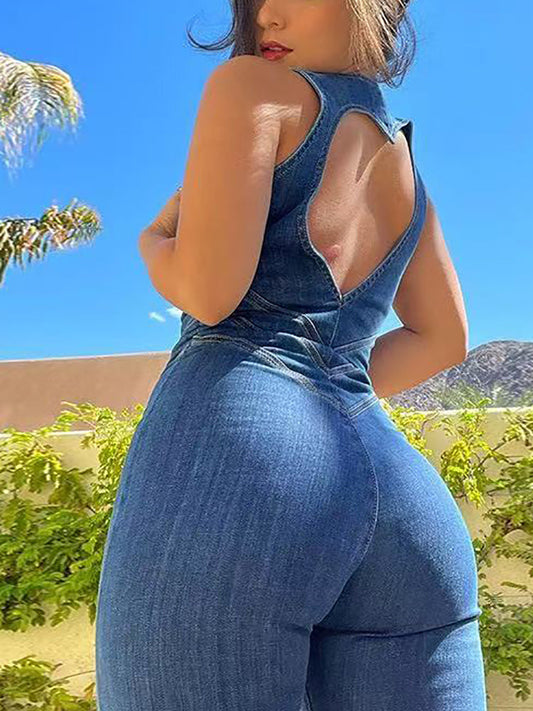 Sleeveless Zip Heart Cutout Denim Jumpsuit