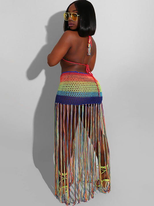 Two Piece Rainbow Tassels Skirt Swimsuit
