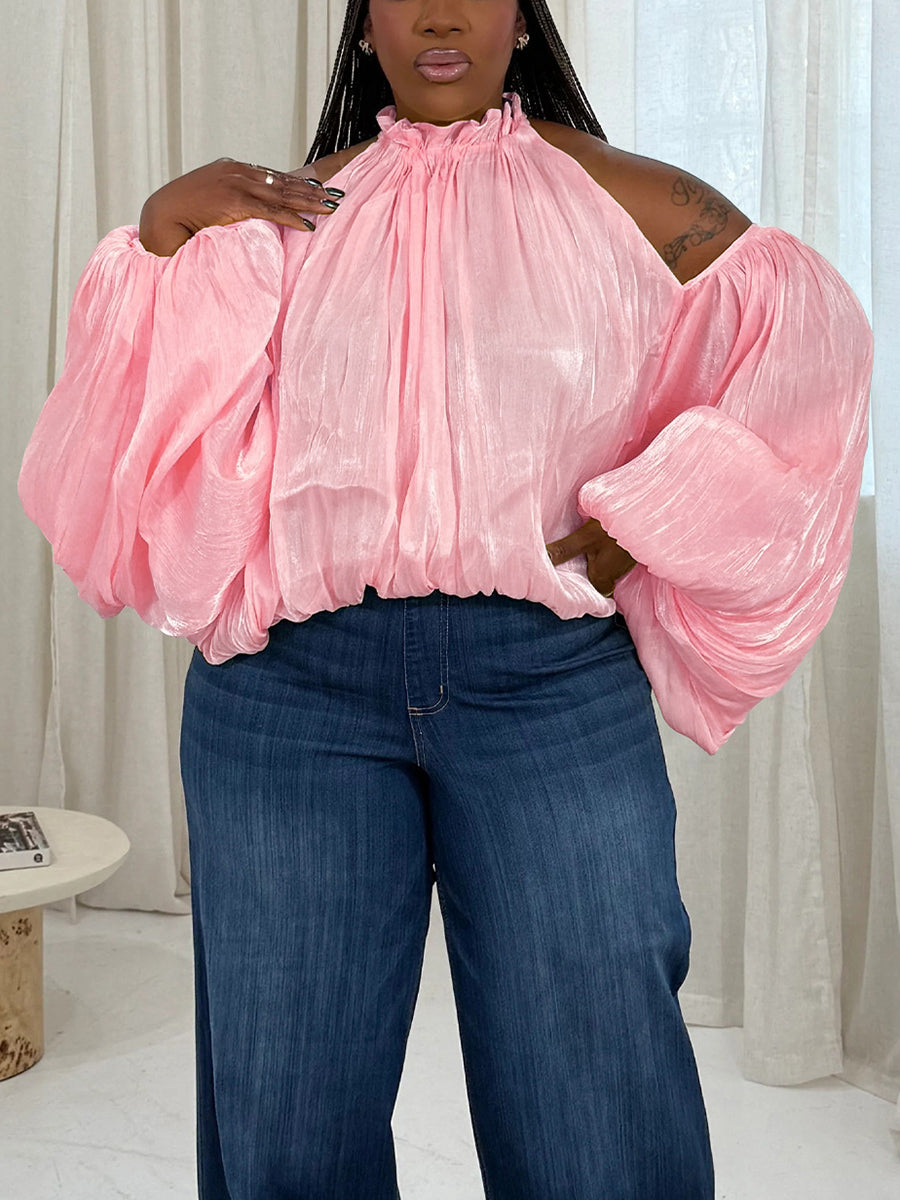 Off Shoulder Organza Lantern Sleeve Blouse
