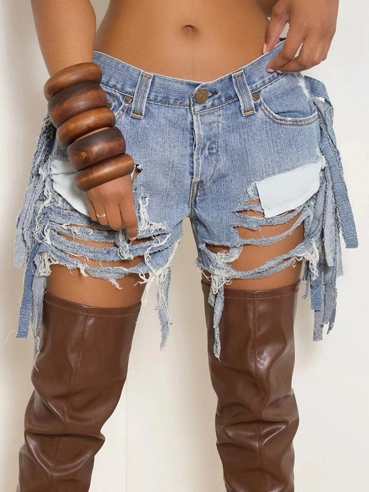 High Waist Distressed Fringe Denim Shorts