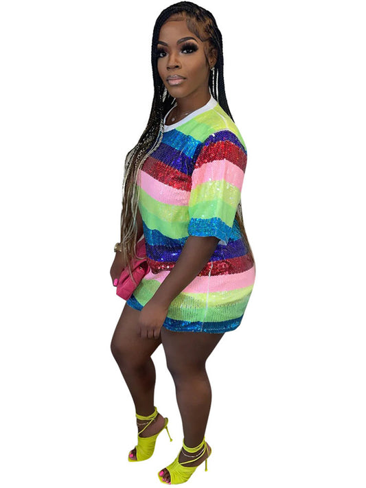 Short Sleeves Sequins Mini Dress