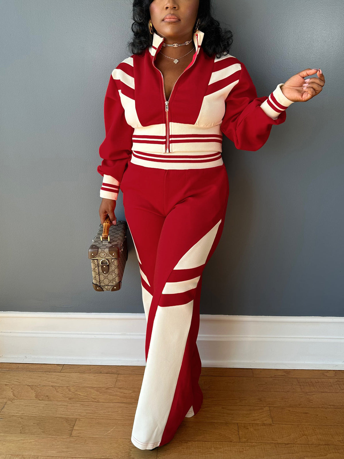 Zip Up Top Color Block Pants Set