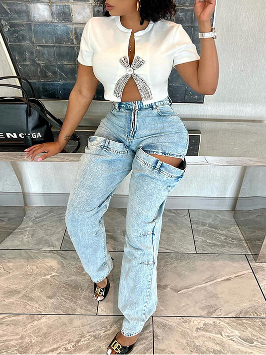 Rhinestone Split Hem Crop Top