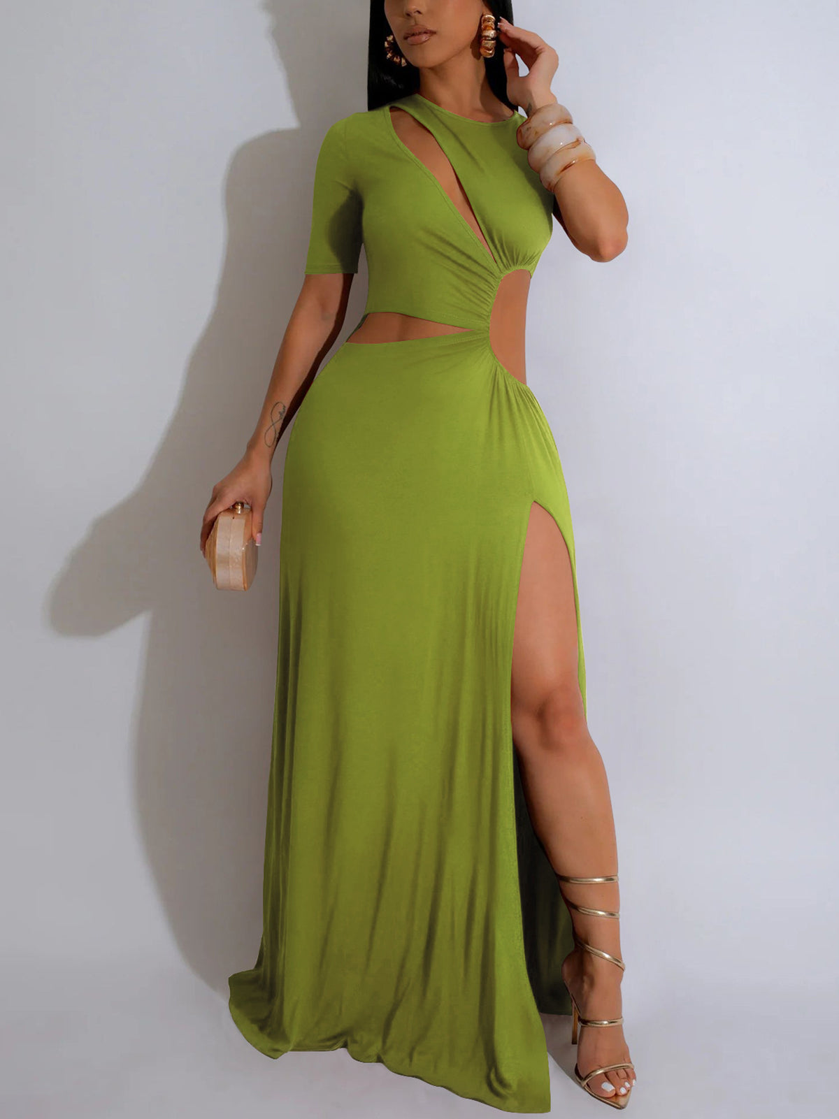 Elegant Solid Color Cutout Ruched Slit Maxi Dress