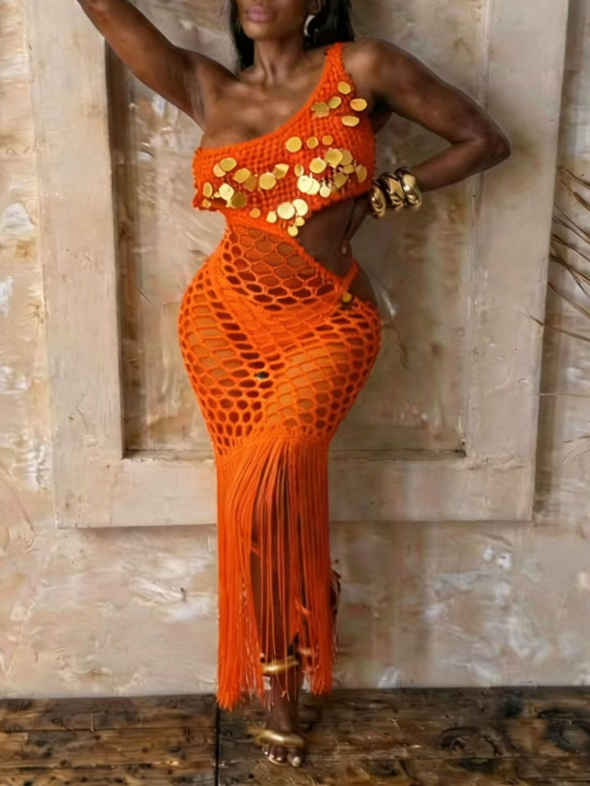 One Shoulder Crochet Fringe Sequin Beach Dress