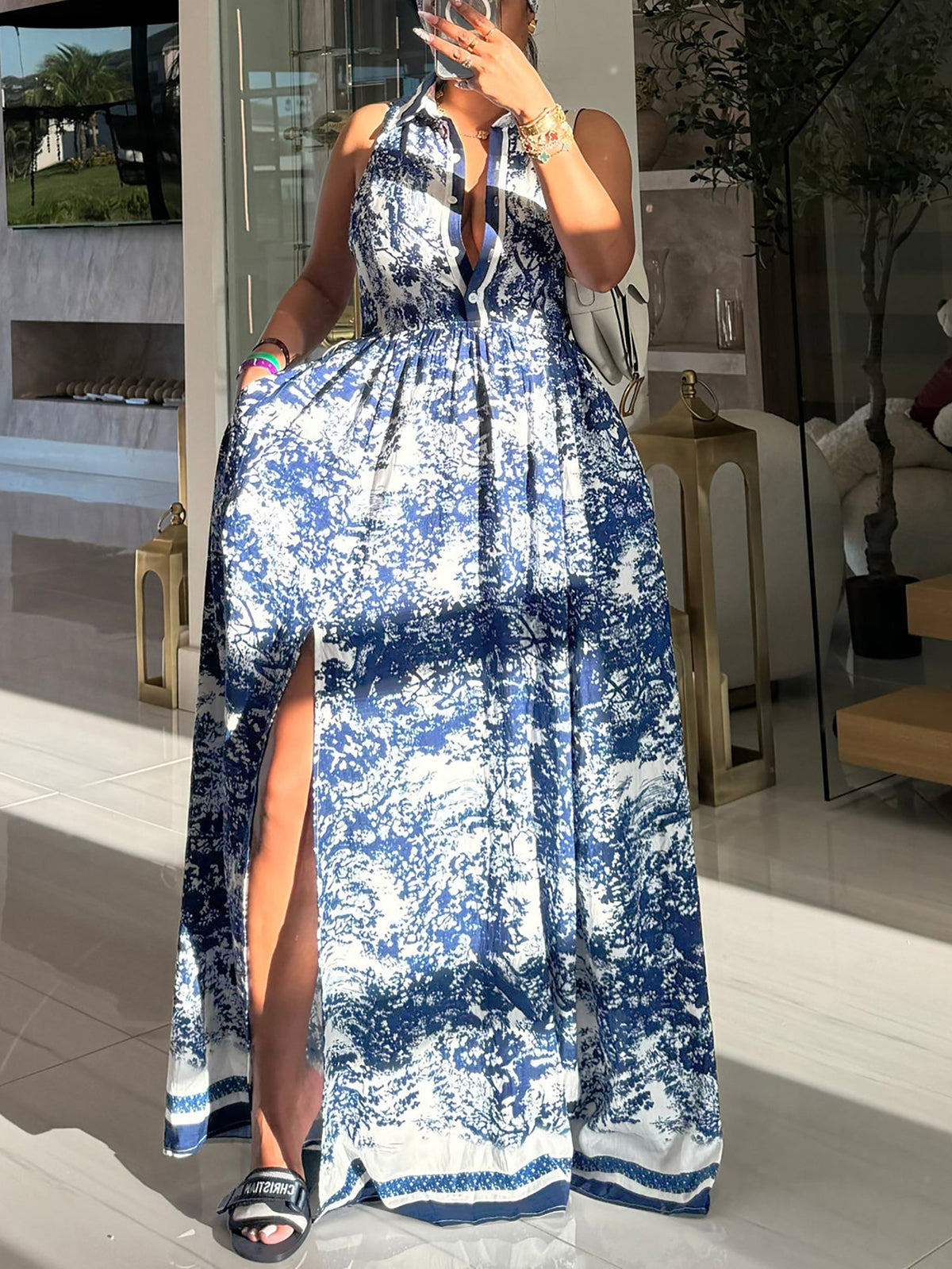 Boho Sleeveless Print Slit Maxi Dress