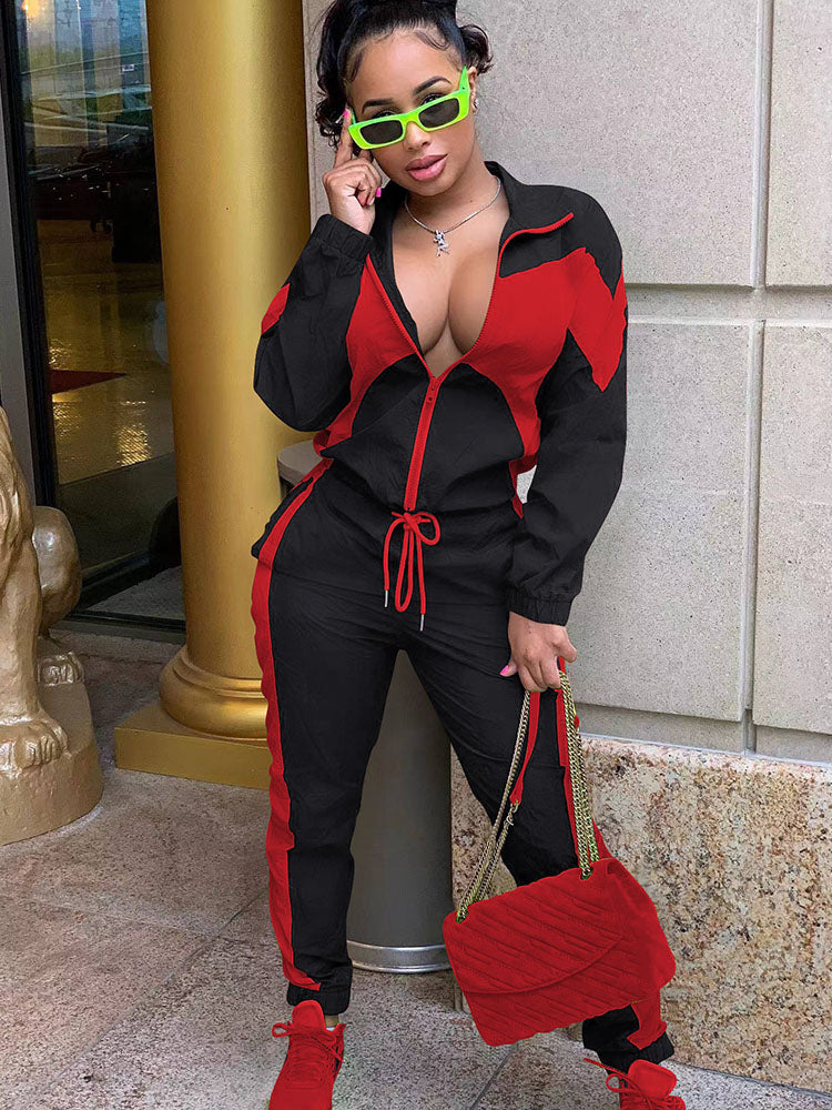 Tops con cremallera y pantalones largos con bloques de color de dos piezas