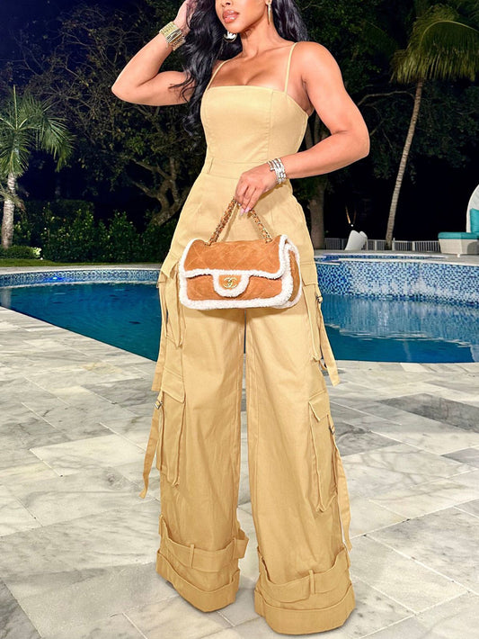 Spaghetti Strap Cargo Wide Leg Jumpsuit