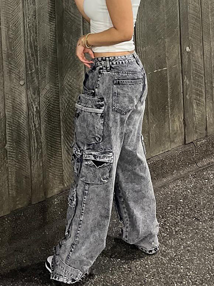 Multiple Pockets Washed Denim Cargo Jeans