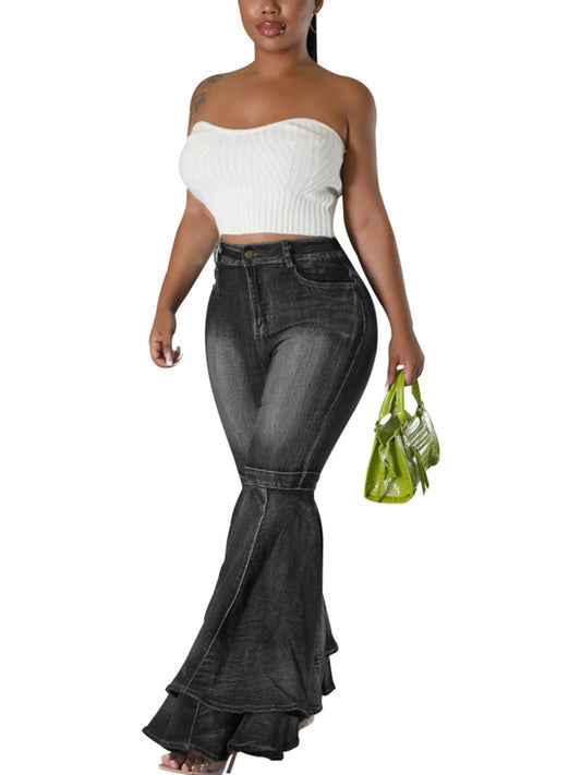 Denim High Waist Ruffle Flare Jeans