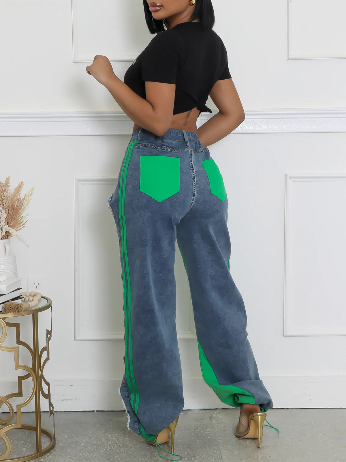 Stripe Patchwork Drawstring Denim Pants