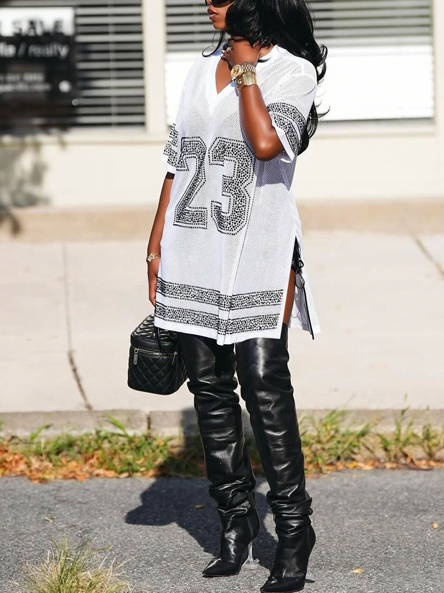 Number Graphic Rhinestone Mesh T-Shirt Dress