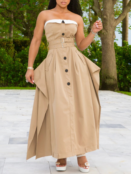 Strapless Button Front Belted A-Line Maxi Dress
