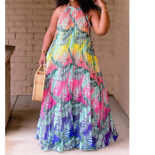 Vestido largo con cuello halter y estampado floral de talla grande