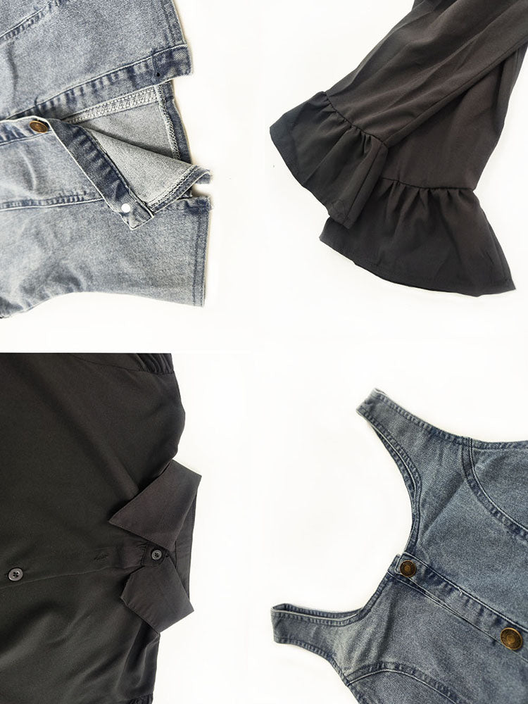 Conjunto de minivestido camisero con mangas acampanadas y chaleco vaquero