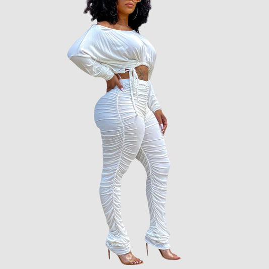 Drawstring Crop Top Pleated Pant Set